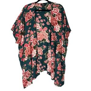 Angie Floral Kimono Cardigan Sz L Open Front Teal Pink Peony Boho Rayon Wrap